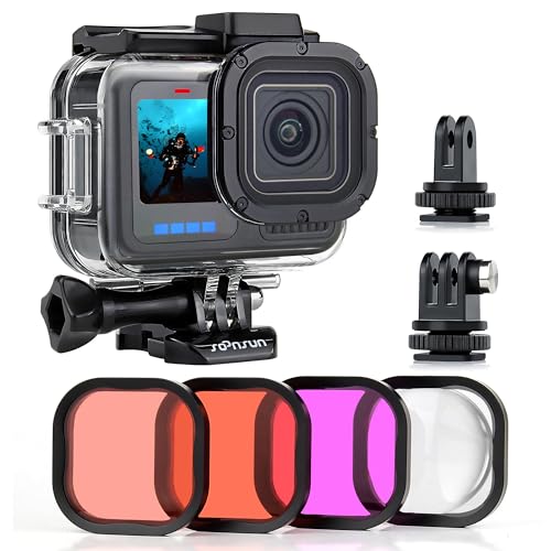 SOONSUN Waterproof Case with Dive Filters for GoPro Hero 13/12 / 11/10 / 9 Black, 196 Feet Underwater Protective Dive Housing Case with Red, Light Red, Magenta, 5X Close-up Macro Filters