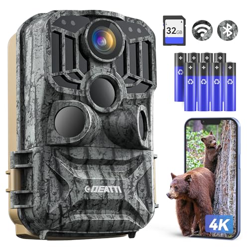 DEATTI Trail Camera 48MP 4K Game Camera with 8 Batteries 32GB SD Card,WiFi Bluetooth Connection,Trail Cameras with Night Vision Motion Activated Waterproof for Wildlife Deer Outdoor 0.1s Trigger Time