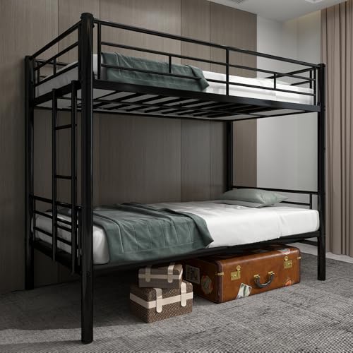 QSOSTNS Twin Over Twin Metal Bunk Bed, Industrial Twin Bunk Beds Frame with Ladder & Full-Length Guardrail, Space-Saving, Easy Climbing & Assemble, Storage Space, Noise Free (Black)
