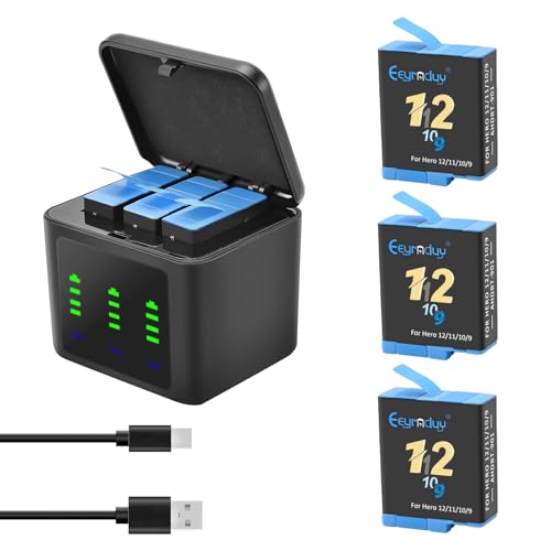Eeyrnduy Rechargeable Battery Replacement for Gopro Hero 9/Hero 10/Hero 11/Hero 12 Black Camera 3-Pack Batteries and 3-Channel USB Charger Combo Compatible with adapters Power Cords USB Port