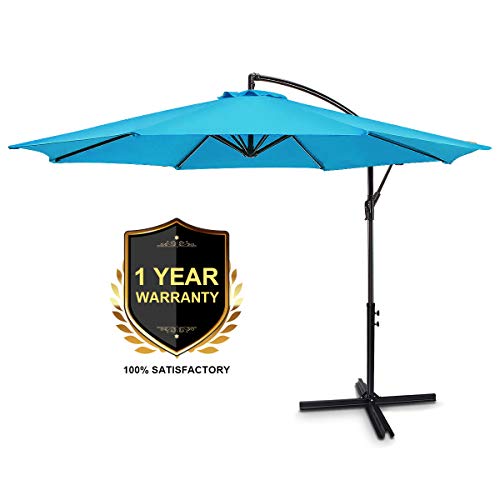 FRUITEAM 10-ft Offset Hanging Umbrellas, Outdoor Patio Garden Umbrellas| Large Market Umbrella with Crank & Cross Base, Waterproof UV Protection Offset Cantilever Umbrella, Blue