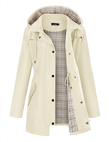 LOMON Women Rain Jacket Lightweight Hooded Jackets Women Lined Trench Coats Waterproof Outdoor Hiking Raincoat Beige M (Cute Plaid Lining)