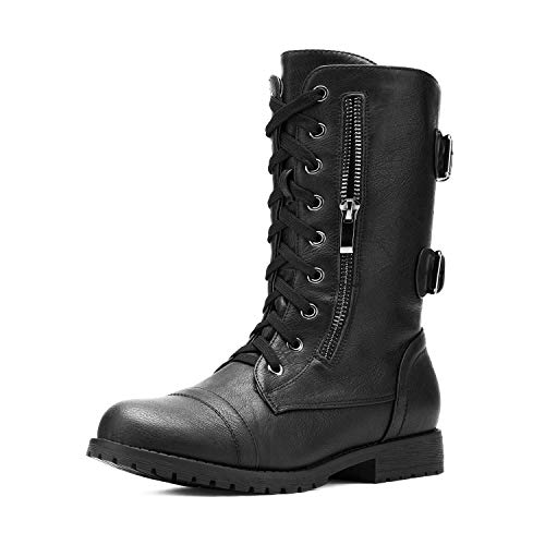DREAM PAIRS Women's Combat Boots, Mid Calf Built-in Wallet Pocket Lace up Military Ankle Booties,Size 8.5,Classic Black,TERRAN