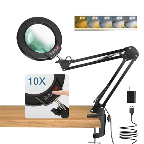 Coyeth 10X Magnifying Glass with Light and Clamp, Real Glass Stand Lighted Magnifier, 5 Color Modes Stepless Dimmable LED Desk Lamp Hands Free for Crafts Hobby Reading Painting Sewing Close Work