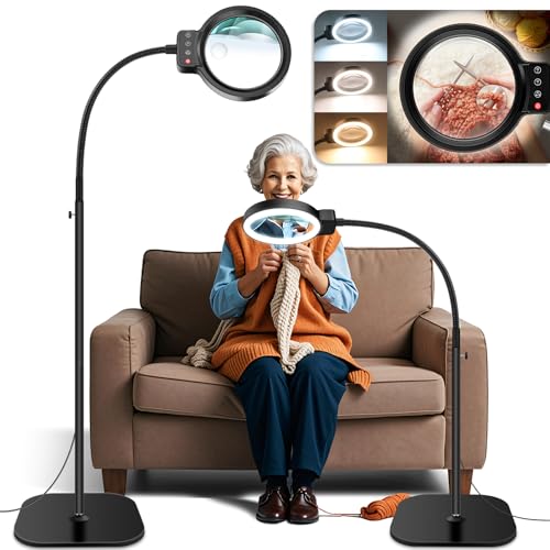 30X 10X Large Floor Magnifying Glass with Light and Stand,72 LED Flexible Gooseneck Floor Magnifying Lamp,2 in 1 Lighted Magnifiers for Close Work, Sewing,Crafts,Hobbies（Black）