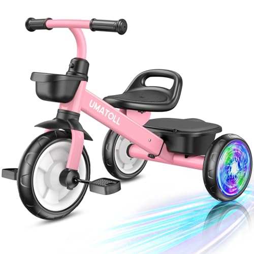 Umatoll Tricycle for Toddlers 2-5 Year Old, Ajustable Toddler Bike Outdoor Toys, Birthday Gift for Girl Age 2-4, Trike with Light up Wheels
