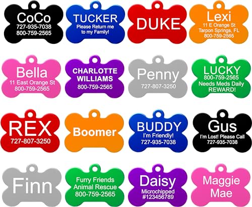 Providence Engraving Pet ID Tags in 8 Shapes, 9 Colors, and Two Sizes - Personalized Dog and Cat Tags with 4 Lines of Customizable Text