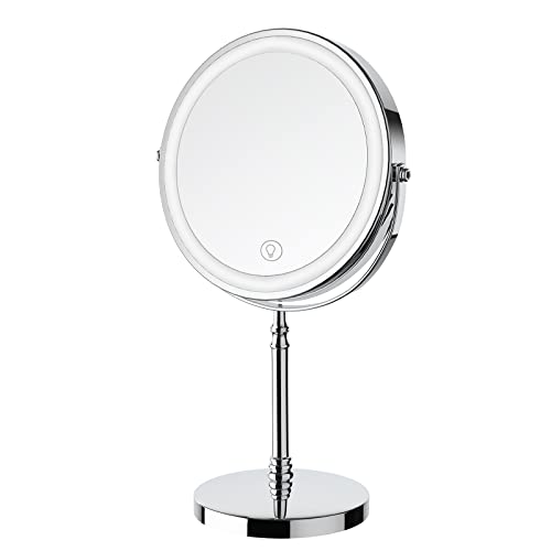 Lighted Makeup Mirror, 3000 mAh Rechargeable Double Sided Magnifying Vanity Mirror with 3 Colors, 1x/10x, 360° Rotation , Brightness Adjustable Magnification Cosmetic Light up Mirror, Women Gift