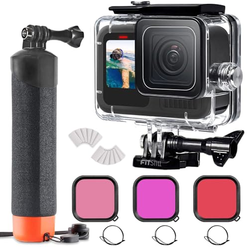 FitStill 60M/196FT Underwater Waterproof Protective Case for Go Pro Hero 13 Hero 12 Hero 11 Hero 10 Hero 9 Black,3Pack Filter Monopod Floating Hand Grip Selfie Stick Hero13/12/11/10/9 Black Accessory