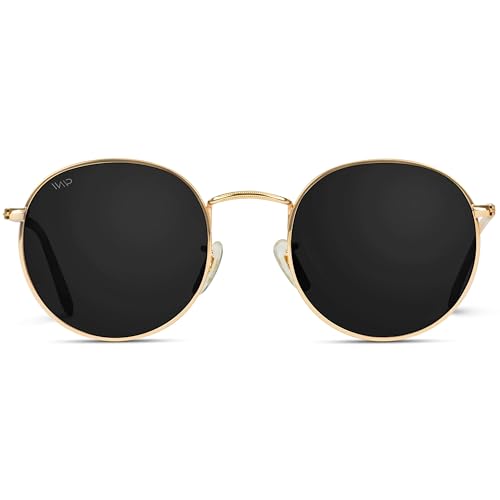 WearMe Pro - Reflective Lens Round Trendy Sunglasses (Gold Frame/Black Lens, 51)