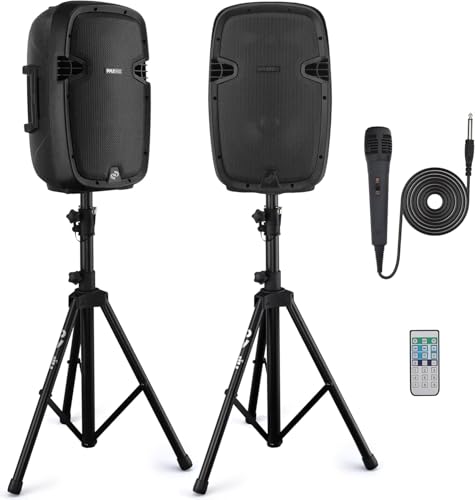 Pyle Wireless Portable PA system - 1000W High Powered Bluetooth Compatible Active + Passive Pair Outdoor Sound Speakers w/ USB SD MP3 AUX - 35mm Mount, 2 Stand, Microphone, Remote - Pyle PPHP1049KT