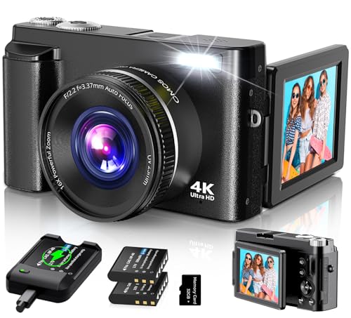 4K Digital Camera for Photography Autofocus, 2024 Latest 48MP Vlogging Camera for YouTube with SD Card, 2 Batteries, 3' 180°Flip Screen Compact Travel Camera for Teens with 16X Zoom, Anti-Shake,Black