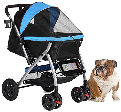 HPZ PET Rover Premium Heavy Duty Dog/Cat/Pet Stroller Travel Carriage with Convertible Compartment/Zipperless Entry/Reversible Handle Bar/Weather Resistance for Small, Medium and Large Pets (Blue)
