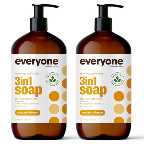Everyone 3-in-1 Soap, Body Wash, Bubble Bath, Shampoo, 32 Ounce (Pack of 2), Coconut and Lemon, made with Essential Oils for Men and Women