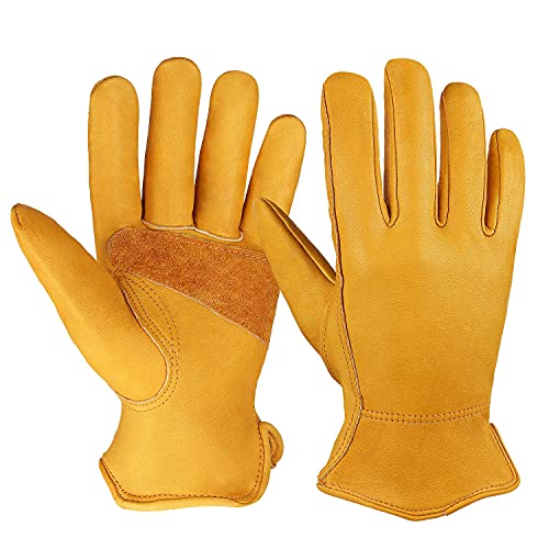 OZERO Leather Work Gloves Flex Grip Stretchable Tough Cowhide Work Gardening Garden Gloves 1 Pair (Gold, Medium)