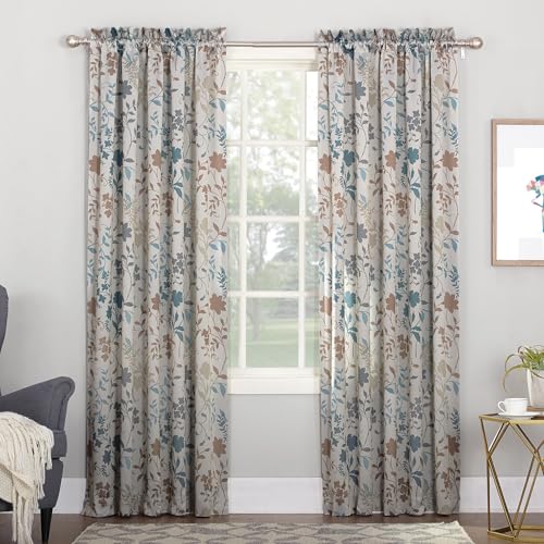 Sun Zero Kara Floral Print Energy Efficient Rod Pocket Single Curtain Panel, 54' x 84', Stone