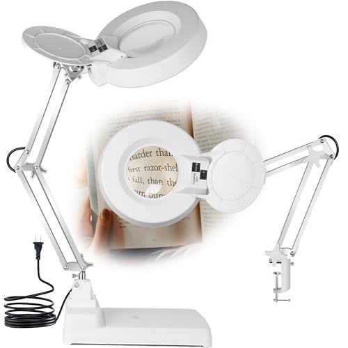 10X Magnifying Glass with Light and Stand,2-in-1 Lighted Desk Lamp LED Magnifier Hands Free,5 Inches Glass Lens with Stainless Steel Bracket for Reading Craft Painting Hobbies Sewing Close Work