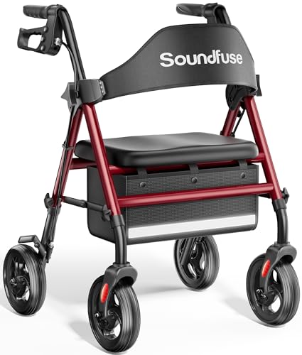 Soundfuse Rollator Walkers with Seat for Seniors, Foldable 8' Big Wheels All Terrain Rolling Walker, Handles and Ergonomic Seat Height Adjustable, 350lb Weight Capacity