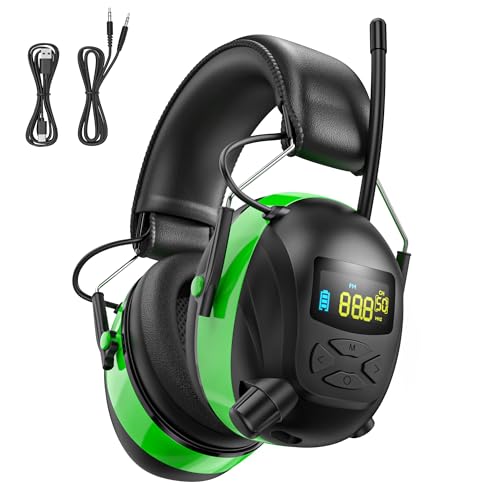 2025 AM/FM Radio Ear Protection Headphones with Backlit Digital Display, 120H Working Time, Rechargeable Hearing Protector, 30dB Noise Reduction Safety Earmuffs for Mowing, Construction, Work, Green