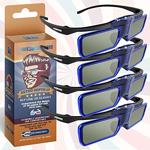 RetroDepth LT Lightweight Rechargeable DLP Link 3D Glasses for all DLP 3D Projectors (Benq, Optoma, Acer, Vivitek, Dell Etc) by Evolv3Dimensions (4 Pack)