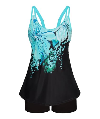 Full Coverage Swimsuits for Women Adjustable Straps Flowy Tankini Sets Sun Protect Bathing Suits Blue Floral X-Large