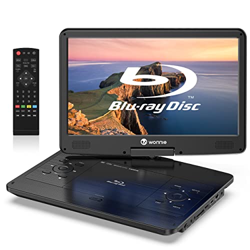 WONNIE 16.9' Portable Blu Ray Player with 14.1' 1080P Full HD Large Swivel Screen, Blu-ray DVD Player with HDMI Out & AV in, 4-5 Hours Rechargeable Battery, Support MP4, MKV Video & USB/SD Card