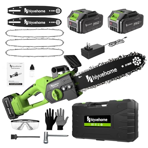 hiyuehome Mini Chainsaw 12inch, Chainsaw Cordless w Automatic Oiler, Handheld Electric Power Chain Saw w Security Lock, Brushless Motor,Chainsaws for Wood/Trees Trimming (Green - 2 batteries, 12 INch)