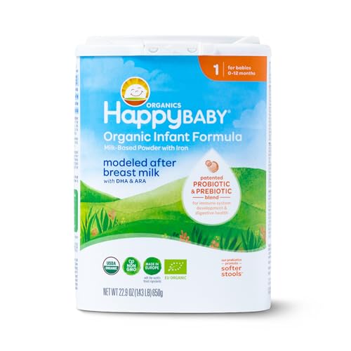 Happy Baby Organics Stage 1 Infant Formula, 0-12 Months, Milk Based Organic Baby Formula Powder with Iron, Probiotics & Prebiotics for Immune & Digestive Support, 22.9 Ounce (Pack of 1)
