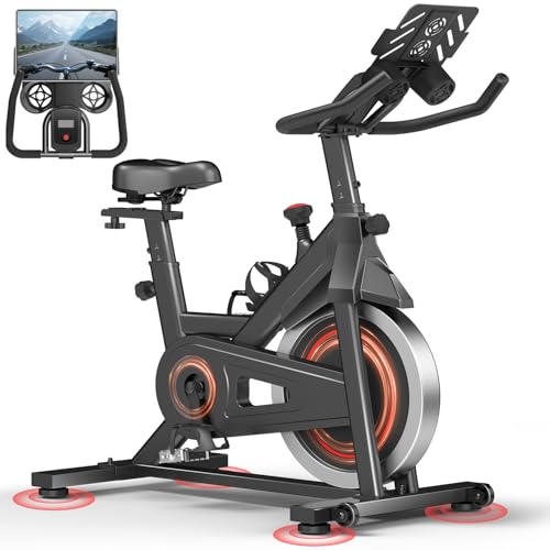 CURSOR FITNESS Exercise Bike, Stationary Bikes for Home, 300 LBS Capacity, Workout Bike with Silent Belt Drive, Indoor Cycling Bike with Extra Comfort Seat/IPad Mount/3 Bottle Holders