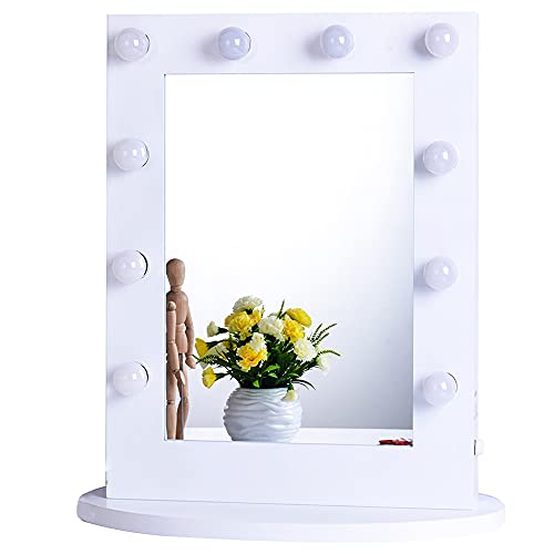 Chende Hollywood Vanity Mirror with Lights, 25.6'' x 19.7'' Large Lighted Makeup Mirror with Outlet and Dimmer, Gloss White LED Mirror for Table or Wall, Included 12 Replaceable LED Bulbs
