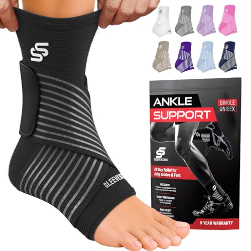 Sleeve Stars Ankle Brace for Women & Men, Ankle Wrap for Sprain, Compression Sleeve for Plantar Fasciitis Relief, Easy Customizable Support: w/ Removable Strap (Single/M:10'-12'/Black)