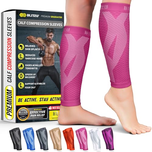 BLITZU Calf Compression Sleeve for Women and Men, Shin Splint Sleeves for Varicose Veins, Nursing, Pregnancy, Running, Footless Compression Socks Support for Calf Muscle Pain Relief Pink L-XL