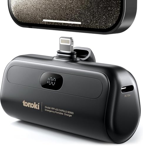 TONOKI 5000mAh, Portable Lightning Charger for iPhone 14/13/12/11/10/XS/XR/X/8/7/6/5 and Mini iPad, Fast Charging, Small Power Bank, Battery Pack with LED Display (Black, Lightning)