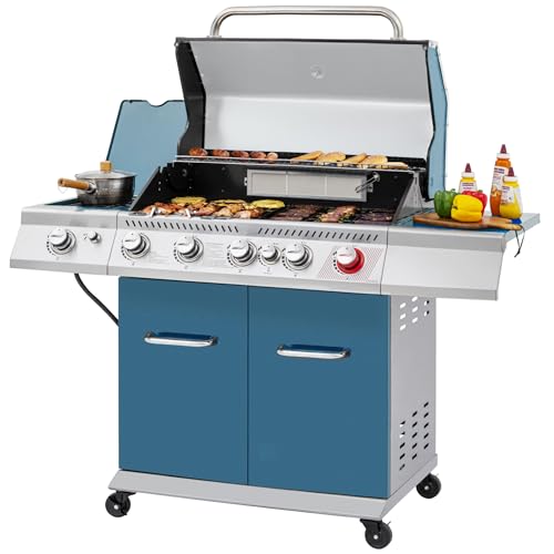 Royal Gourmet GA5403B 5 Burner Propane Gas Grill with Side Burner & Rear Burner, Cabinet Style Design BBQ Grill with 74,000 BTUs Output for Barbecue Grilling & Backyard Cooking, Blue