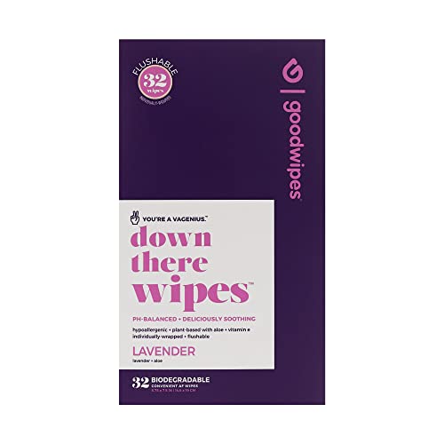 Goodwipes Flushable Down There Feminine Hygiene Wipes, Lavender Scent, Individually Wrapped, Perfect for Travel, Flushable, PH Balanced and Hypoallergenic (32 Individually Wrapped Wipes)