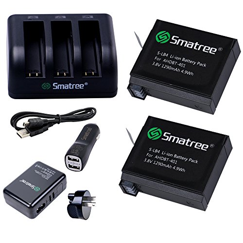 Smatree 1290mAh Replacement Battery (2-Pack) with 3-Channel Charger, Wall Charger,Car Charger for Gopro Hero 4-NOT for Gopro Hero 5