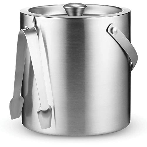FineDine Double-Wall Stainless Steel Insulated Ice Bucket with Lid & Ice Tong [3 Liter] Included Strainer Keeps Ice Cold & Dry, Carry Leather Handle, Home Bar, Chilling Beer, Champagne, Wine Bottle