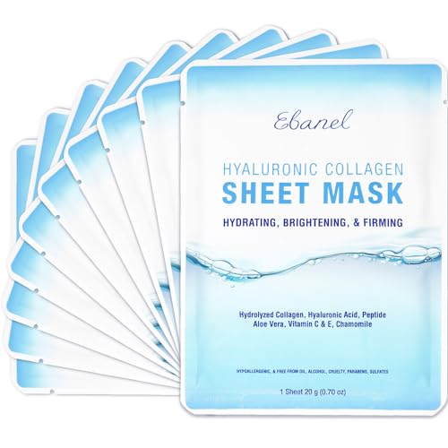 Ebanel 10 Pack Collagen Face Mask with Hyaluronic Acid, Vitamin C, Peptide, Aloe, Instant Brightening Hydrating Face Masks Skincare Korean Sheet Mask, Skin Firming, Lifting Anti Aging Facial Masks
