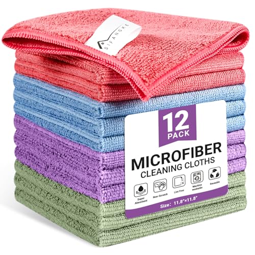SIFANGKE Microfiber Cleaning Cloth, 12 Pack Assorted Color Cleaning Rags for Housekeeping, Colorful Reusable Microfiber Towels for Car, Kitchen, Bathroom and Household Cleaning Supplies, 11.8'X11.8'
