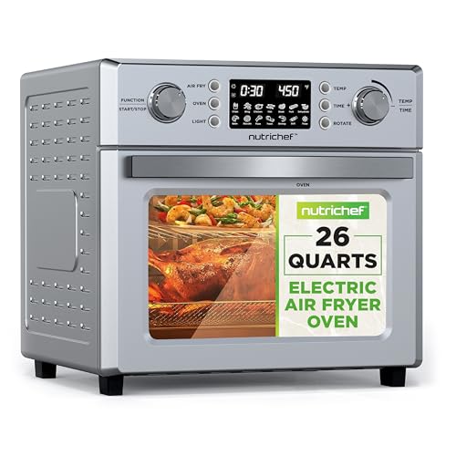 NutriChef 26L Electric Air Fryer Oven | 1700W Countertop Rotisserie & Air Fryer | 360° Rotating Feature | 10 Digital Menu Presets | Includes Drip Tray, Air Frying Basket & Bake Rack 15x16x14 (Silver)