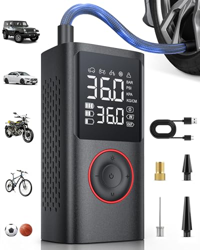Powools Tire Inflator Portable Air Compressor, 150 PSI Cordless Bike Pump, Air Pump for Auto, Motorcycle, Bicycle, Balls with Pressure Gauge, LED Light & Car Accessories, Black, Medium
