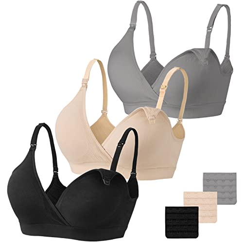 Vinfact 3 Pack Nursing Bras for Breastfeeding Seamless V Neck Maternity Bra Women Pregnancy Breastfeeding Bra - L,Black/Nude/Grey