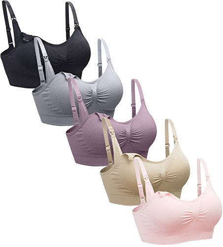 Suekaphin 5PACK Nursing Bra Wireless Women's Sleeping Maternity Bra Breastfeeding Bra,Large,Black/Nude/Purplebean/SoftPink/Gray