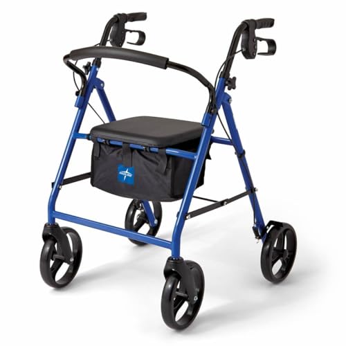 Medline Steel Rollator Walker for Adult Mobility Impairment, Blue, 350 lb. Weight Capacity, 8” Wheels, Foldable, Adjustable Handles, Rolling Walker for Seniors