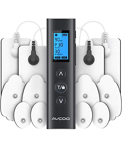 AVCOO 30 Modes TENS EMS Unit Compact Muscle Stimulator for Pain Relief of Back, Shoulder, Neck, Rechargeable & Portable Dual Channel EMS Muscle Stimulator with 30 Intensity Levels, 12 Electrode Pads
