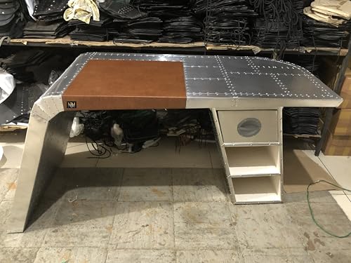 NauticalMart Aviator Wing Desk Vintage Industrial Airplane Wing Desk – Aluminum & Leather Table for Home Office Aviation Furniture