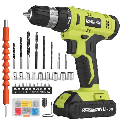 FADAKWALT Cordless Drill Set, 20V Electric Power Drill with Battery And Charger, Torque 30N, 21+1 Torque Setting, 3/8-Inch Keyless Chuck, Drill Driver Bits Kit, with LED Electric Drill Set. （green)