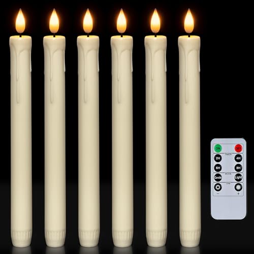 Homemory 6 Pcs Flameless Taper Candles with Remote, Timer, Dimmer, Ivory Battery Operated CandleSticks with Flickering Light, Plastic Led Window Candles, 9.6 Inches for Halloween Christmas Decoration