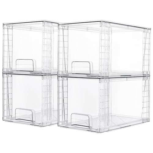 Vtopmart 4 Pack Large Stackable Storage Drawers,Easily Assemble Acrylic Bathroom Closet Undersink Organizers and Storage,Plastic Bins for Kitchen Cabinets,Pantry,Makeup,Medicine Organization
