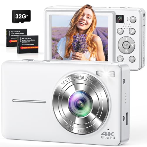 Digital Camera, 4K 64MP Cameras for Photography, Point and Shoot Digital Camera with Auto Focus, Dual Camera, Flash, 16X Zoom, Anti Shake, 32GB Card, Compact Vlogging Camera for Teens, Adults